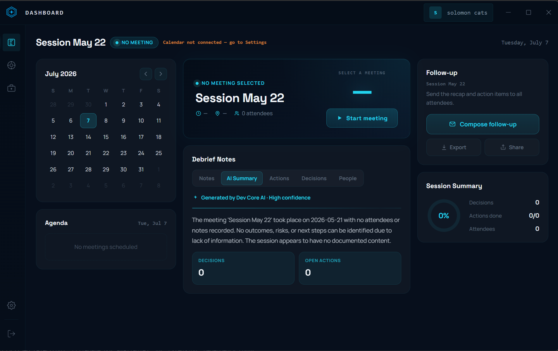 Developer Core dashboard